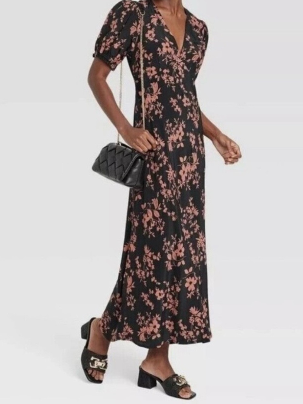 A New Day- Black with brown floral maxi dress, v-neck, sillouette XS